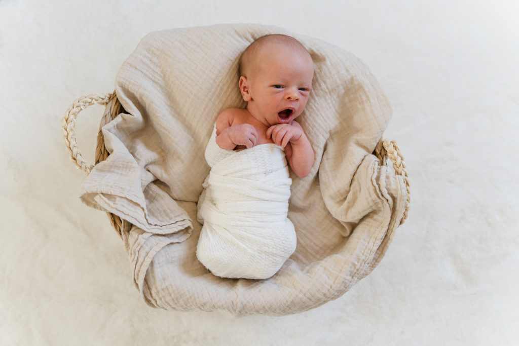 Light and airy newborn boy portrait in basket