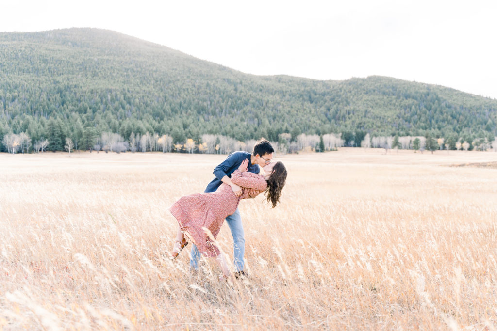 Elk Meadow Evergreen Colorado Engagement Pictures Dip Kiss