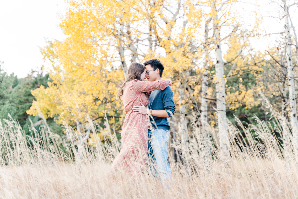 Elk Meadow Evergreen Colorado Engagement Pictures Fall Yellow Aspen Leaves